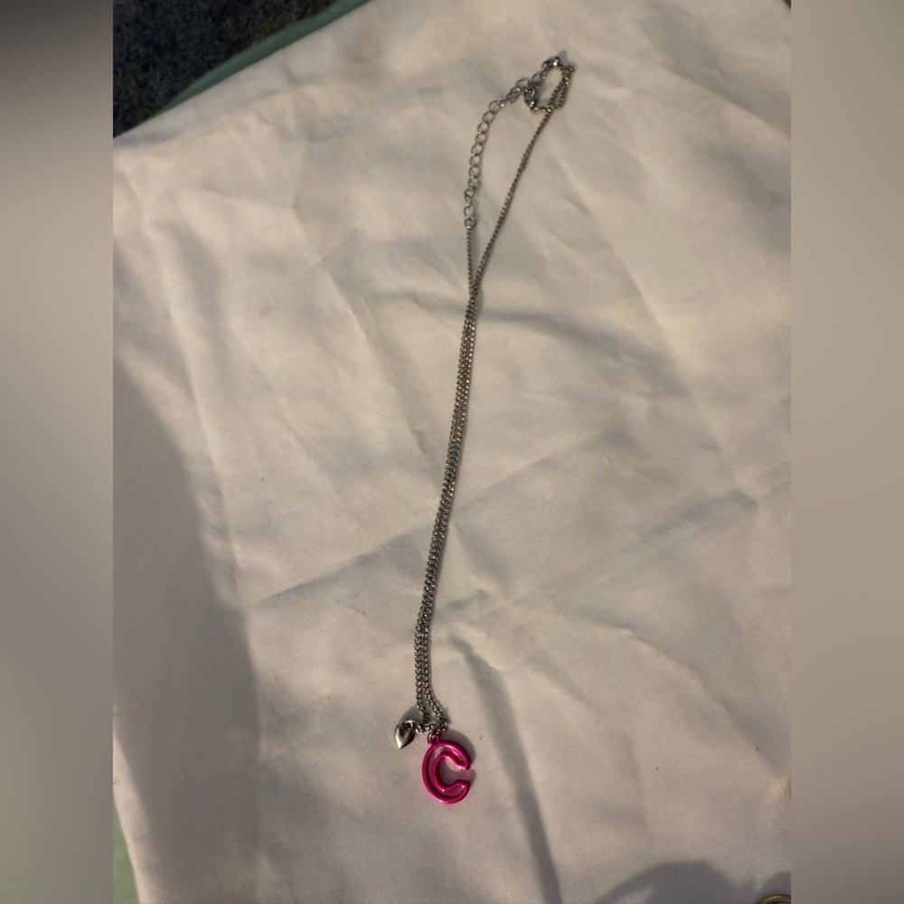 "C" pink and silver necklace with little heart charm - Picture 2 of 3
